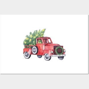 Old red truck Christmas illustration Posters and Art